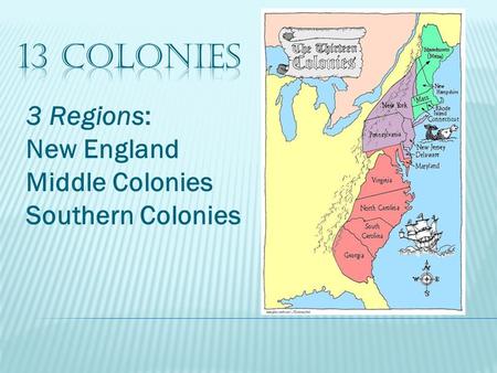 13 Colonies 3 Regions: New England Middle Colonies Southern Colonies.