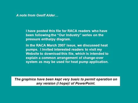 A note from Geoff Alder… I have posted this file for RACA readers who have been following the “Our Industry” series on the pressure enthalpy diagram. In.