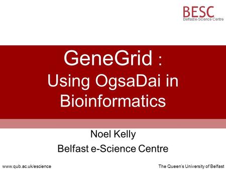 The Queen’s University of Belfast www.qub.ac.uk/escience The Queen’s University of Belfast GeneGrid : Using OgsaDai in Bioinformatics Noel Kelly Belfast.