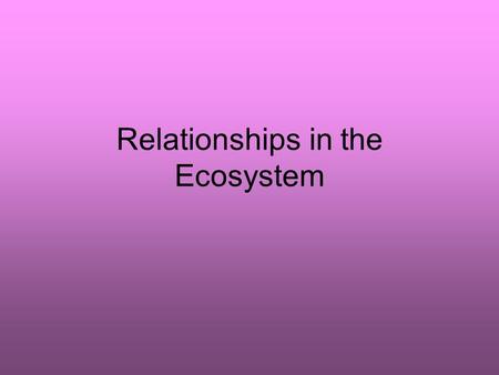 Relationships in the Ecosystem. What are the types of relationships? 1)Predator / Prey 2)Competition 3)Symbiosis A) commensalism B) mutualism C) parasitism.
