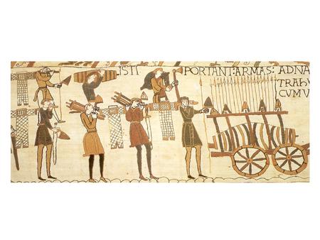 This scene from the Bayeux Tapestry shows the Normans getting ready to invade England. The Latin words say: ‘These men are carrying arms‘.