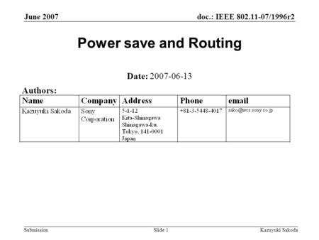 Doc.: IEEE 802.11-07/1996r2 Submission June 2007 Kazuyuki SakodaSlide 1 Power save and Routing Date: 2007-06-13 Authors: