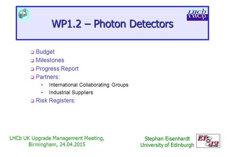 WP1.2 – Photon Detectors Stephan Eisenhardt University of Edinburgh  Budget  Milestones  Progress Report  Partners: International Collaborating Groups.
