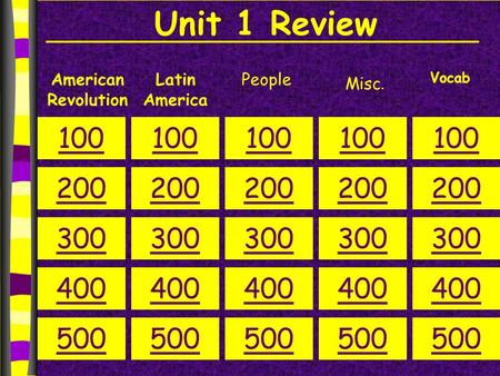 Unit 1 Review American Revolution Latin America People 100 200 300 400 500 100 200 300 400 500 100 200 300 400 500 100 200 300 400 500 100 200 300 400.
