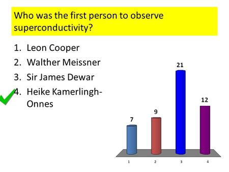 Who was the first person to observe superconductivity? 1.Leon Cooper 2.Walther Meissner 3.Sir James Dewar 4.Heike Kamerlingh- Onnes.