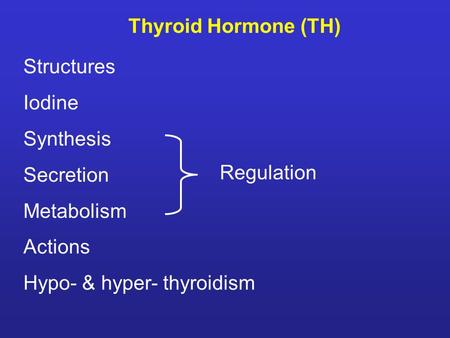 Thyroid Hormone (TH) Structures Iodine Synthesis Secretion Metabolism Actions Hypo- & hyper- thyroidism Regulation.