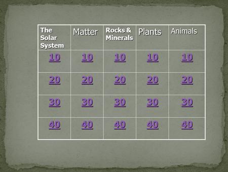 The Solar System Matter Rocks & Minerals PlantsAnimals 10 20 30 40.