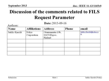 Submission doc.: IEEE 11-13/1165r0 September 2013 Jarkko Kneckt (Nokia)Slide 1 Discussion of the comments related to FILS Request Parameter Date: 2013-09-16.