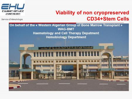 Service d ’ H é matologie On behalf of the « Western Algerian Group of Bone Marrow Transplant » WAG-BMT Haematology and Cell Therapy Depatment Hemobiology.