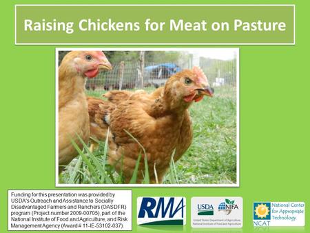 Raising Chickens for Meat on Pasture Funding for this presentation was provided by USDA's Outreach and Assistance to Socially Disadvantaged Farmers and.