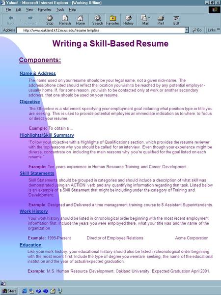 Writing a Skill-Based Resume Name & Address Objective Skill Statements Work History Education Highlights/Skill Summary Components: The name used on your.