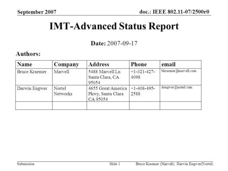 Doc.: IEEE 802.11-07/2500r0 Submission September 2007 Bruce Kraemer (Marvell); Darwin Engwer(Nortel)Slide 1 IMT-Advanced Status Report Date: 2007-09-17.