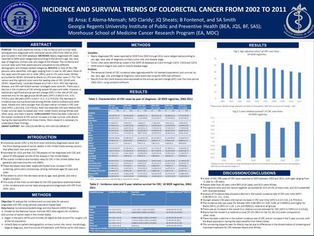 INCIDENCE AND SURVIVAL TRENDS OF COLORECTAL CANCER FROM 2002 TO 2011 BE Ansa; E Alema-Mensah; MD Claridy; JQ Sheats; B Fontenot, and SA Smith Georgia Regents.