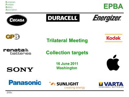 European Portable Battery AssociationEPBA EPBA Trilateral Meeting Collection targets 16 June 2011 Washington.