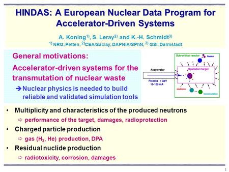1 HINDAS: A European Nuclear Data Program for Accelerator-Driven Systems HINDAS: A European Nuclear Data Program for Accelerator-Driven Systems A. Koning.