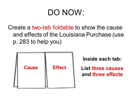 DO NOW: Create a two-tab foldable to show the cause and effects of the Louisiana Purchase (use p. 283 to help you) CauseEffect Inside each tab: List three.