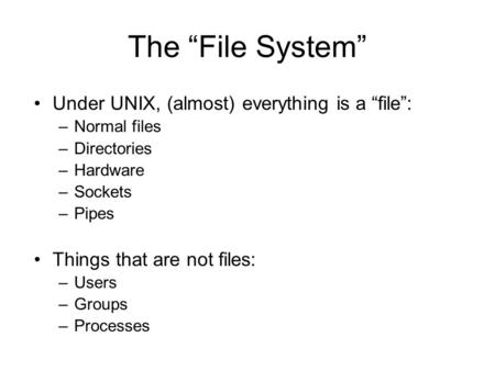 The “File System” Under UNIX, (almost) everything is a “file”: –Normal files –Directories –Hardware –Sockets –Pipes Things that are not files: –Users –Groups.