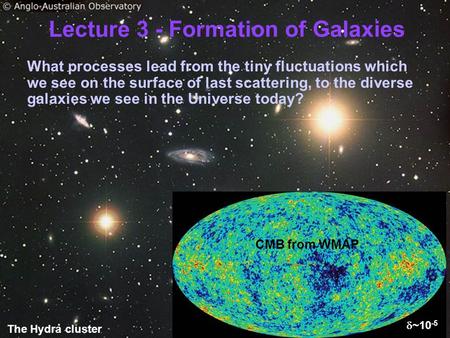 Lecture 3 - Formation of Galaxies What processes lead from the tiny fluctuations which we see on the surface of last scattering, to the diverse galaxies.