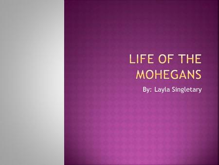 By: Layla Singletary My name is Olathe it means beautiful I am in the Mohegan tribe My tribe lives in the Eastern Woodlands This is my life as a Mohegan.