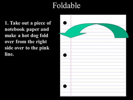 Foldable 1. Take out a piece of notebook paper and make a hot dog fold over from the right side over to the pink line.