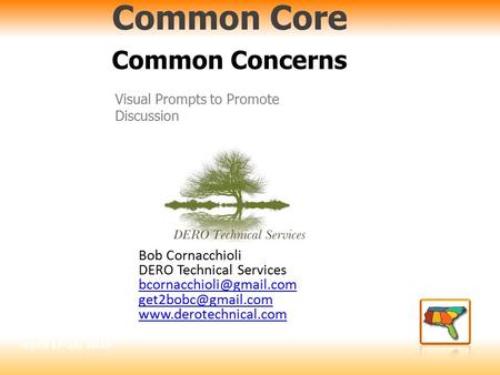Common Core Visual Prompts to Promote Discussion Common Concerns April 17-18, 2013 Bob Cornacchioli DERO Technical Services