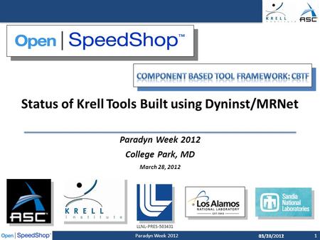 03/28/201211/18/2011 Status of Krell Tools Built using Dyninst/MRNet Paradyn Week 2012 College Park, MD March 28, 2012 1Paradyn Week 2012 LLNL-PRES-503431.
