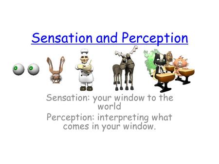 Sensation and Perception Sensation: your window to the world Perception: interpreting what comes in your window.