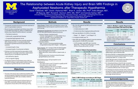 The Relationship between Acute Kidney Injury and Brain MRI Findings in Asphyxiated Newborns after Therapeutic Hypothermia David T Selewski, MD 1, David.