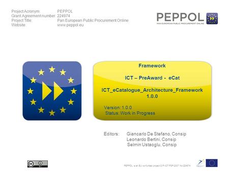Project Acronym:PEPPOL Grant Agreement number:224974 Project Title:Pan European Public Procurement Online Website:www.peppol.eu PEPPOL is an EU co-funded.