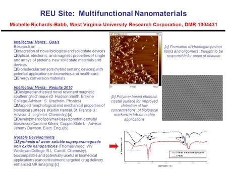 REU Site: Multifunctional Nanomaterials Michelle Richards-Babb, West Virginia University Research Corporation, DMR 1004431 Intellectual Merits: Goals Research.