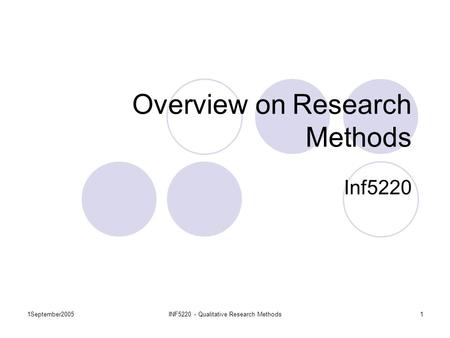 1September2005INF5220 - Qualitative Research Methods1 Overview on Research Methods Inf5220.
