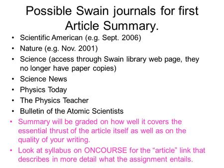 Possible Swain journals for first Article Summary.