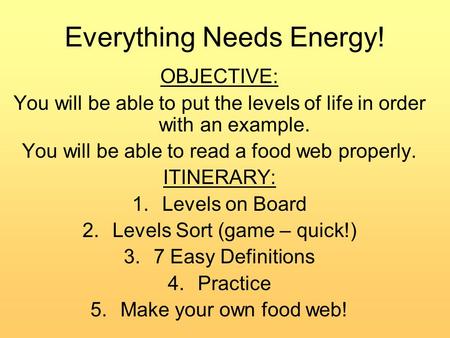 Everything Needs Energy! OBJECTIVE: You will be able to put the levels of life in order with an example. You will be able to read a food web properly.