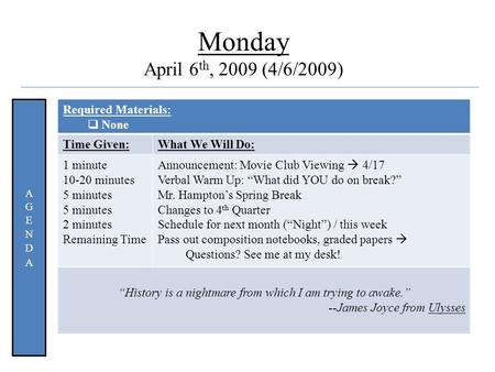 Quote Monday April 6 th, 2009 (4/6/2009) Required Materials:  None Time Given:What We Will Do: 1 minute 10-20 minutes 5 minutes 2 minutes Remaining Time.
