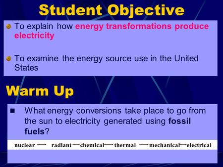 1 Student Objective To explain how energy transformations produce electricity To examine the energy source use in the United States Warm Up What energy.