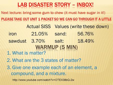 1. What is matter? 2. What are the 3 states of matter? 3. Give one example each of an element, a compound, and a mixture. Actual SISS iron21.05% sawdust3.70%
