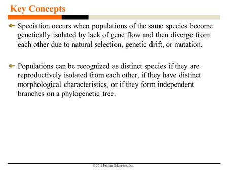 Key Concepts Speciation occurs when populations of the same species become genetically isolated by lack of gene flow and then diverge from each other due.