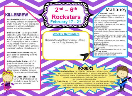 2 nd – 6 th Rockstars February 17 - 21 Weekly Reminders 4th Grade Literacy – In Literacy class students will continue to learn comprehension skills and.