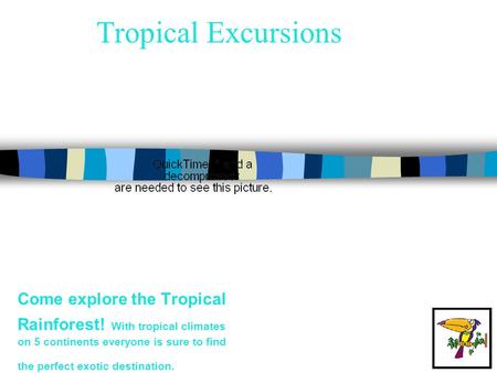 Tropical Excursions Come explore the Tropical Rainforest! With tropical climates on 5 continents everyone is sure to find the perfect exotic destination.