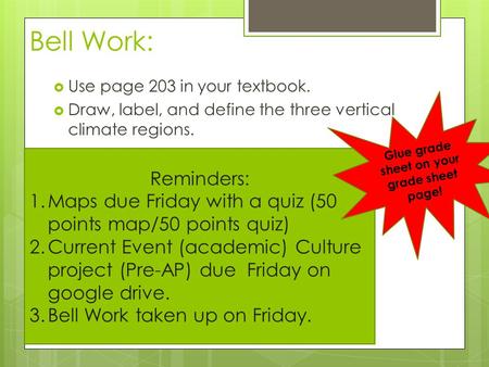 Bell Work:  Use page 203 in your textbook.  Draw, label, and define the three vertical climate regions. Reminders: 1.Maps due Friday with a quiz (50.