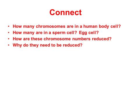 Connect How many chromosomes are in a human body cell? How many are in a sperm cell? Egg cell? How are these chromosome numbers reduced? Why do they need.