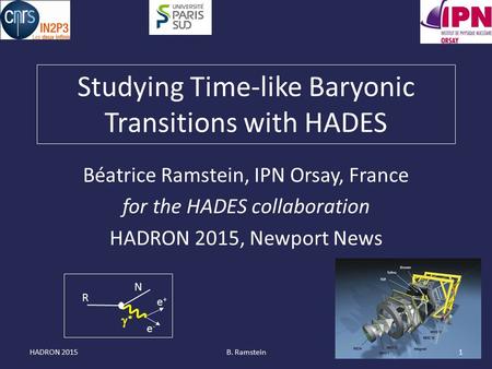 Studying Time-like Baryonic Transitions with HADES Béatrice Ramstein, IPN Orsay, France for the HADES collaboration HADRON 2015, Newport News  e+e+
