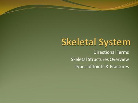 Directional Terms Skeletal Structures Overview Types of Joints & Fractures.
