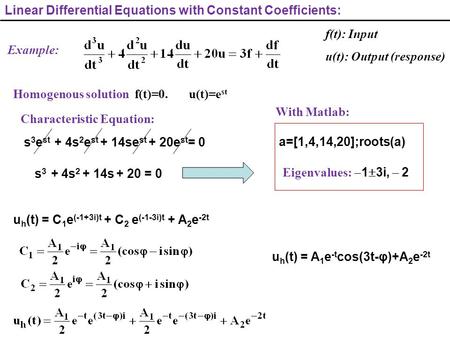 Linear Differential Equations with Constant Coefficients: Example: f(t): Input u(t): Output (response) Characteristic Equation: Homogenous solution f(t)=0.