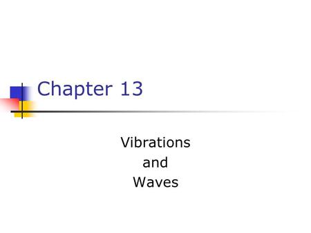 Chapter 13 Vibrations and Waves. Hooke’s Law F s = - k x F s is the spring force k is the spring constant It is a measure of the stiffness of the spring.