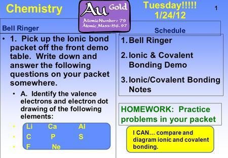 Chemistry Tuesday!!!!! 1/24/12 Bell Ringer Schedule