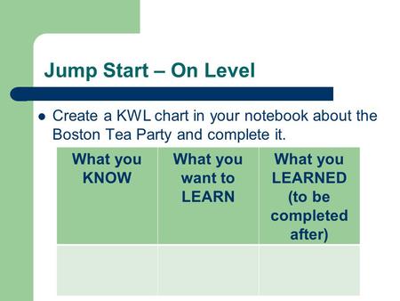 Jump Start – On Level Create a KWL chart in your notebook about the Boston Tea Party and complete it. What you KNOW What you want to LEARN What you LEARNED.