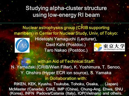 Studying alpha-cluster structure using low-energy RI beam Nuclear astrophysics group (CRIB supporting members) in Center for Nuclear Study, Univ. of Tokyo: