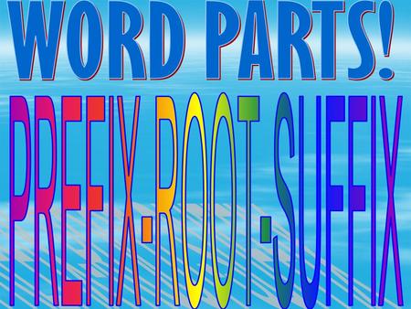  Word root The main part of a word which contains the basic meaning.  Prefix Word parts attached to the beginning of a word that modifies the meaning.