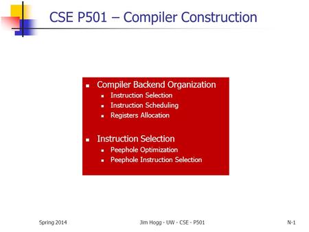 Spring 2014Jim Hogg - UW - CSE - P501N-1 CSE P501 – Compiler Construction Compiler Backend Organization Instruction Selection Instruction Scheduling Registers.
